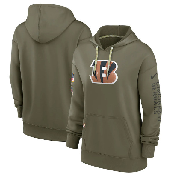 Women's Cincinnati Bengals 2022 Olive Salute to Service Therma Performance Pullover Hoodie(Run Small)